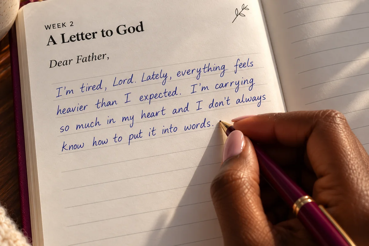 A hand writing a Letter to God that begins Dear Father